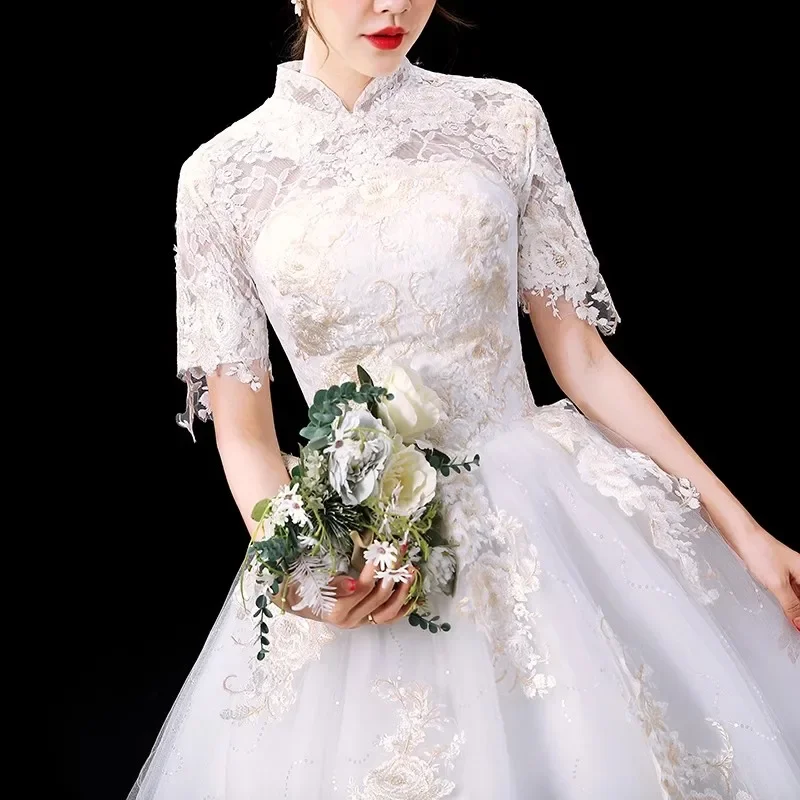 Cheap Weddign Dresses White Appliques Lace High Collar Short Sleeves Trailing Princess Floor length Plus size Bride Gowns XN136