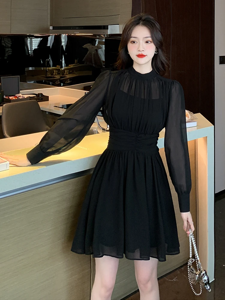 2024 Women Chiffon Long And Short Length Black Dress French Temperament Advanced Sense High Waisted Appear Thin Pleated Dresses