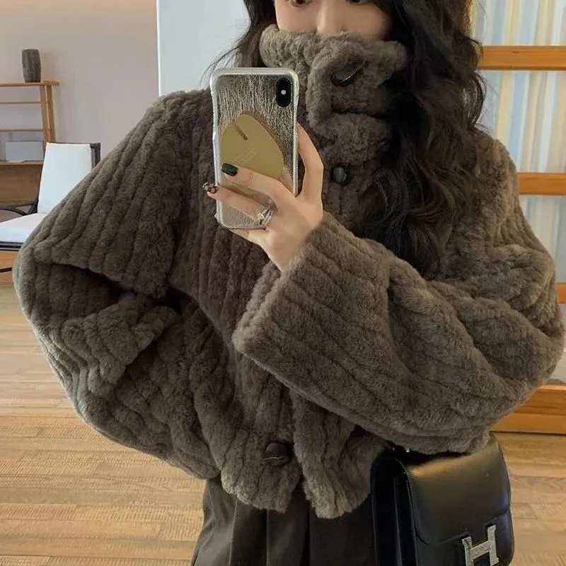 

Vintage Hairy Cropped Coats Women Stand Collar Winter Thick Warm Long Sleeve Jacket Y2K Streetwear Harajuku Button Outwear New