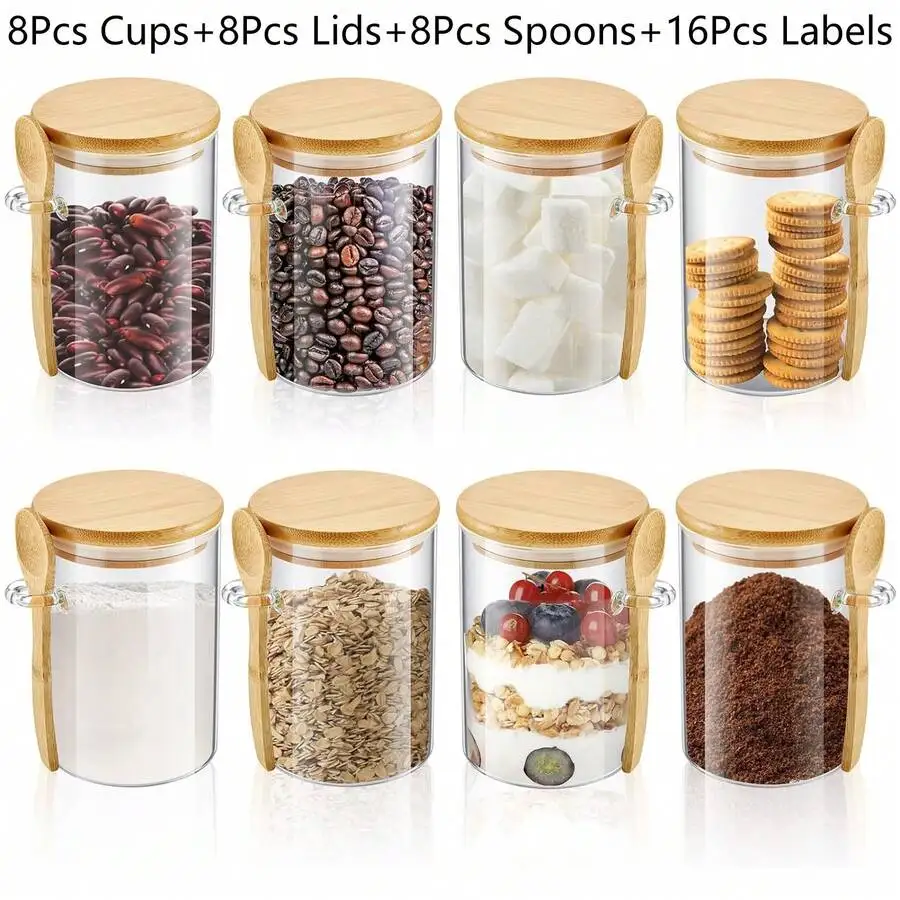 48 Pcs Glass Jars With 16 Cups, 16 Bamboo Lids And 16 Bamboo Spoons, 18 Ounces Large Capacity Sealed Storage Jar For Loose Tea,