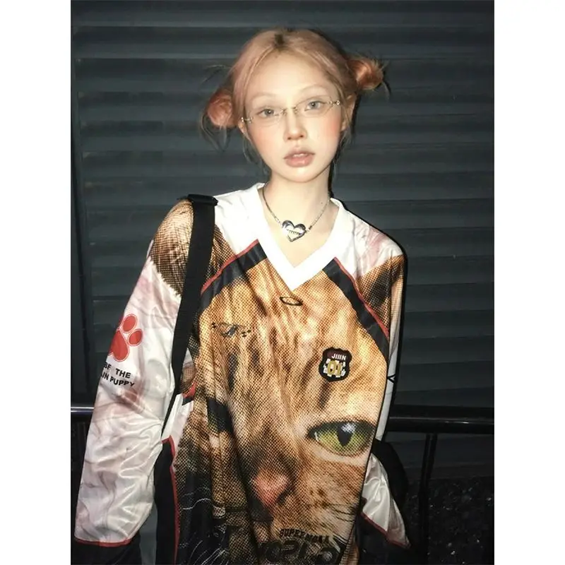 

American street long sleeved t-shirt women's early autumn big face cat print sports hoodie retro V-neck loose lazy style top