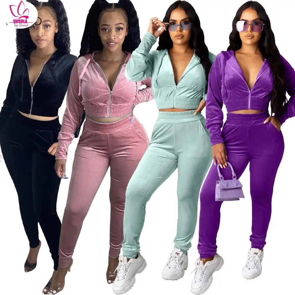 SUSOLA Zipper Hooded Collar Two Piece Set Casual Irregular Long Sleeves Top and Pants Set Female Solid Skinny Women's Tracksuit