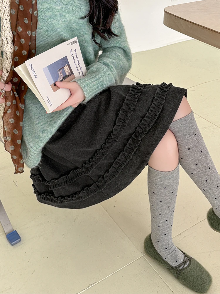 Jupe en laine longueur genou pour femmes, taille haute décontractée, demi-Capris, jupe trapèze avec bord champignon, automne et hiver