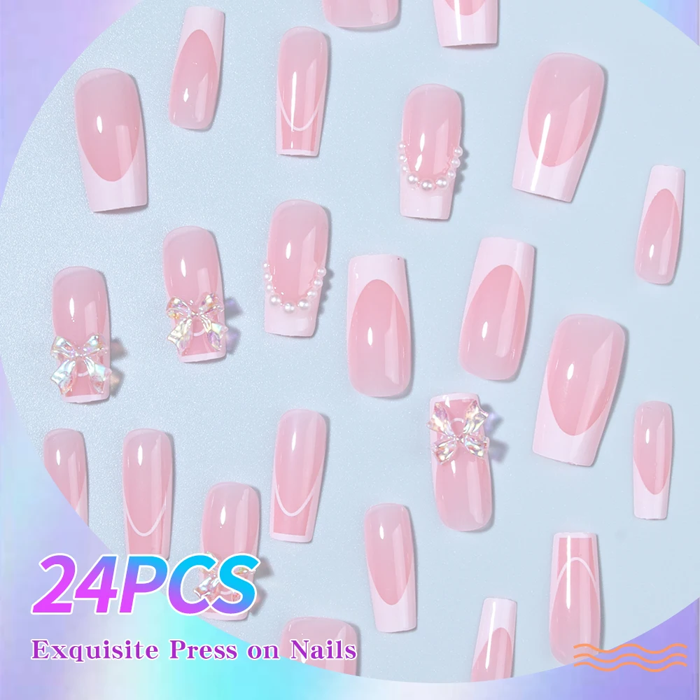 ارفع أسلوبك مع، 24 قطعة/المجموعة اضغط على أطراف الأظافر الأبيض الفرنسي والزهور ثلاثية الأبعاد تصميم أظافر أكريليك المزيفة، تناسب تمامًا والمتوسط #3