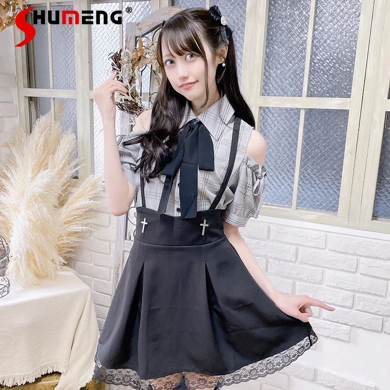 Japanese Style Mass-Produced Polo Collar Off-Shoulder Puff Sleeve Blouse Sweet Cute Versatile Lace-up Bow Plaid Shirts Top Women