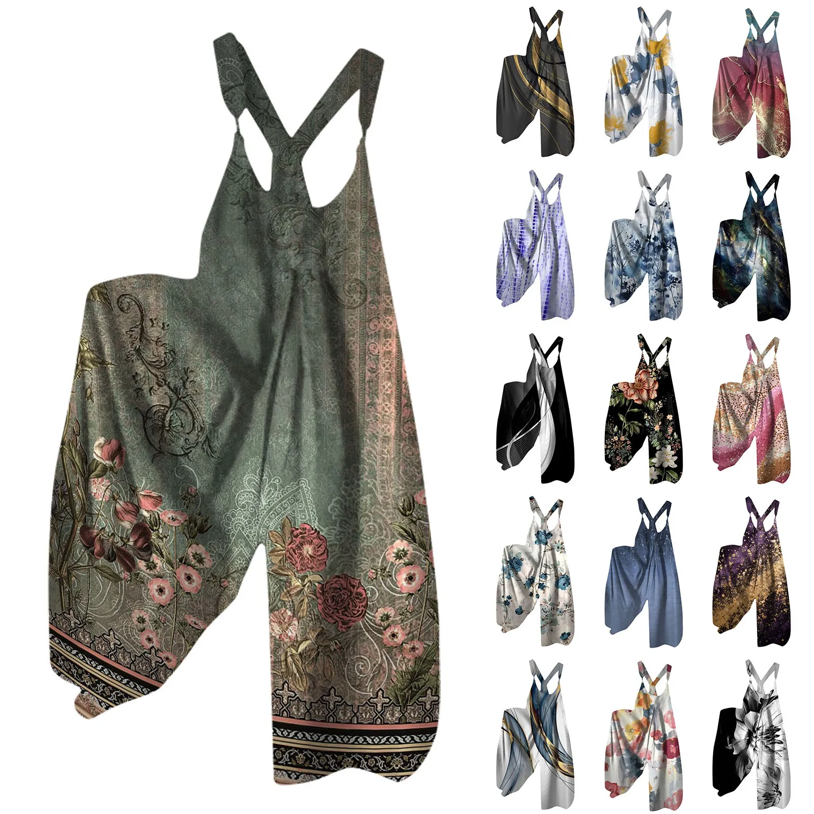 Autumn Women Floral Tribal Print Patchwork Wide Leg Jumpsuit Party Fashion O-Neck Overalls Lady Asymmetrical Jumpsuit Robe