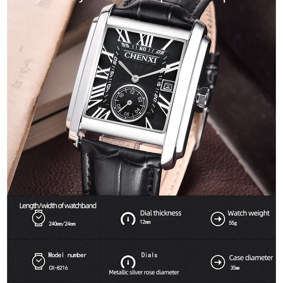 CHENXI 8216 Fashion Classic Square Brown Leather Strap