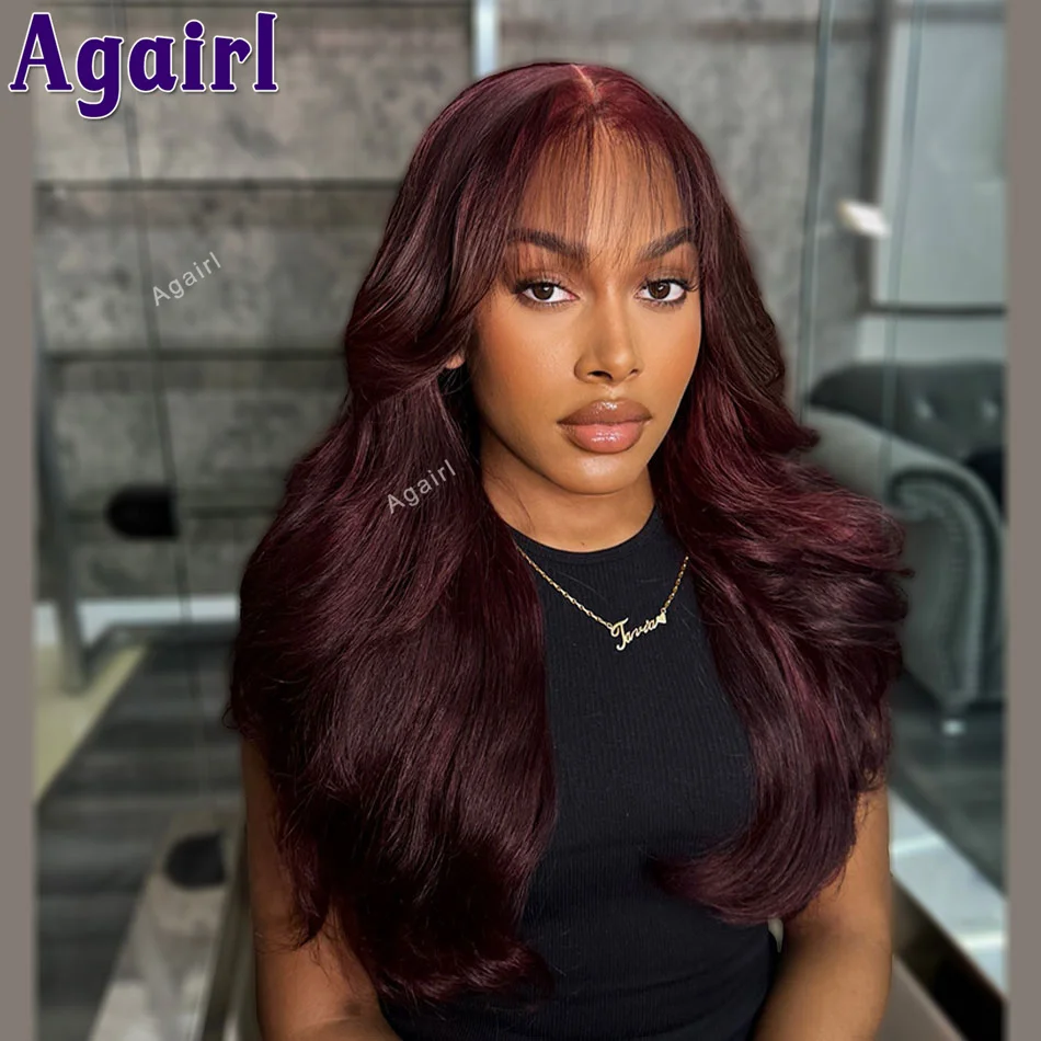 

Dark Red 99J Colored Body Wave Wig With Bangs 13x6 13X4 Lace Frontal Wig Brazilian Human Hair Wig For Women 6x4 Lace Closure Wig