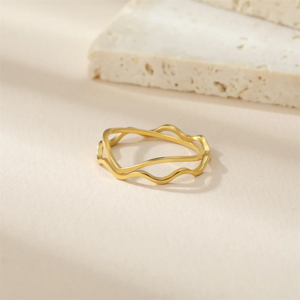 Minimalist Stackable Wave Rings for Women Geometric Finger Ring Stainless Steel Golden Jewelry Thin Rings Set Daily Party Wear
