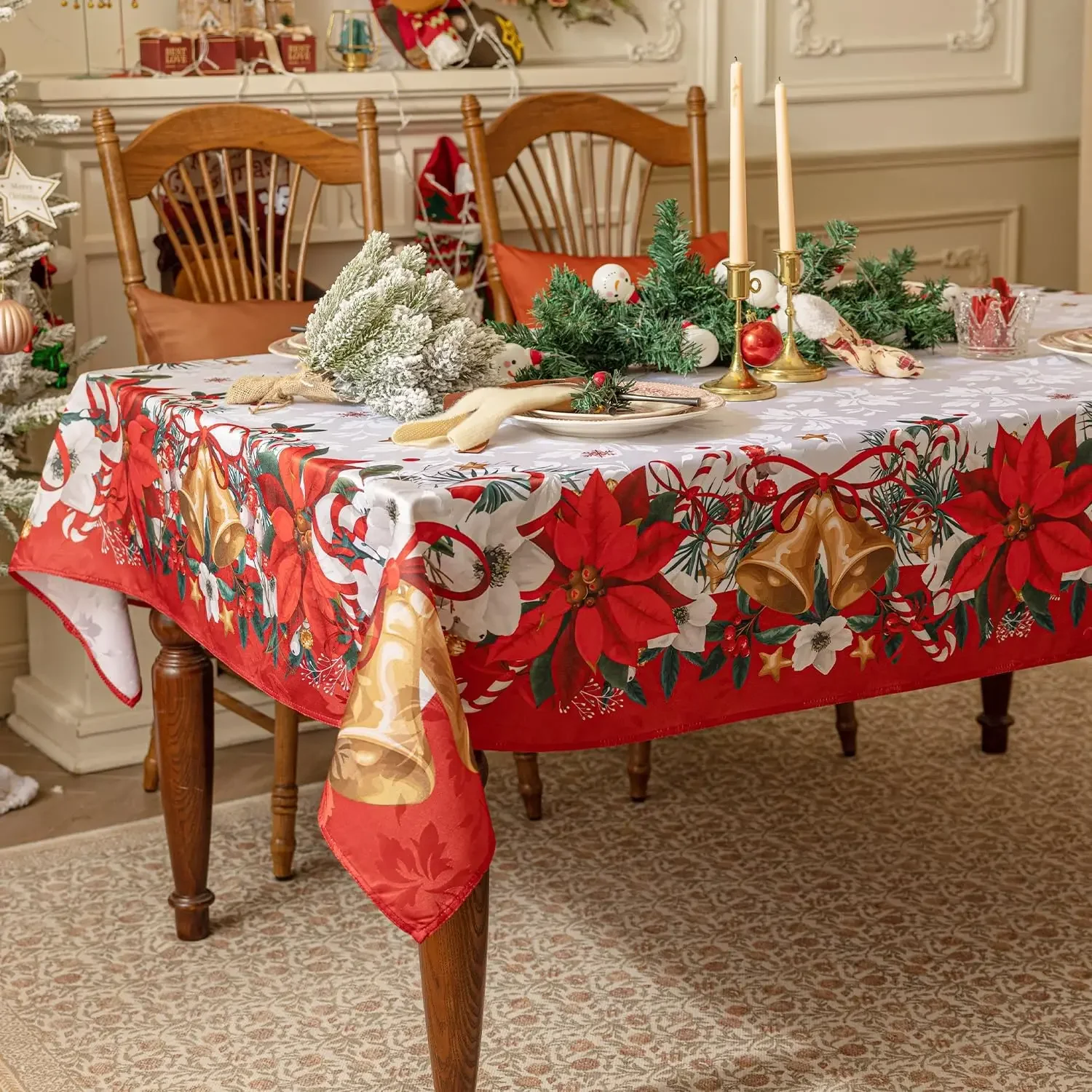 Christmas Bell Poinsettia Floral Rectangle Jacquard Tablecloth Wedding Decor Waterproof Dining Table Covers for Xmas Party Decor