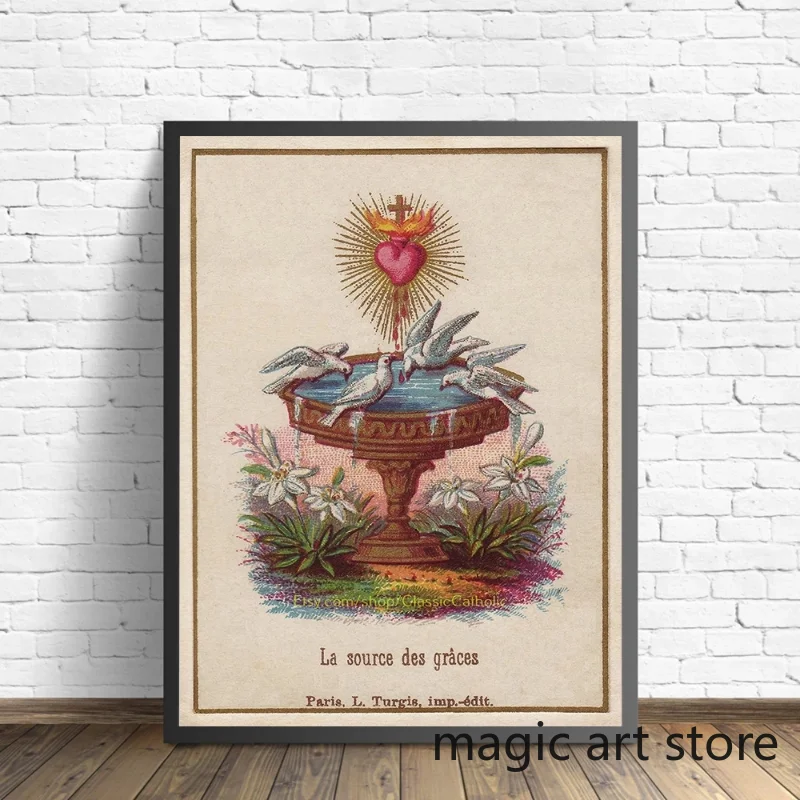 Religion Retro Sacred Heart of Jesus Blessed Virgin Mary Catholic Art Poster Canvas Painting Wall Print Picture Room Home Decor