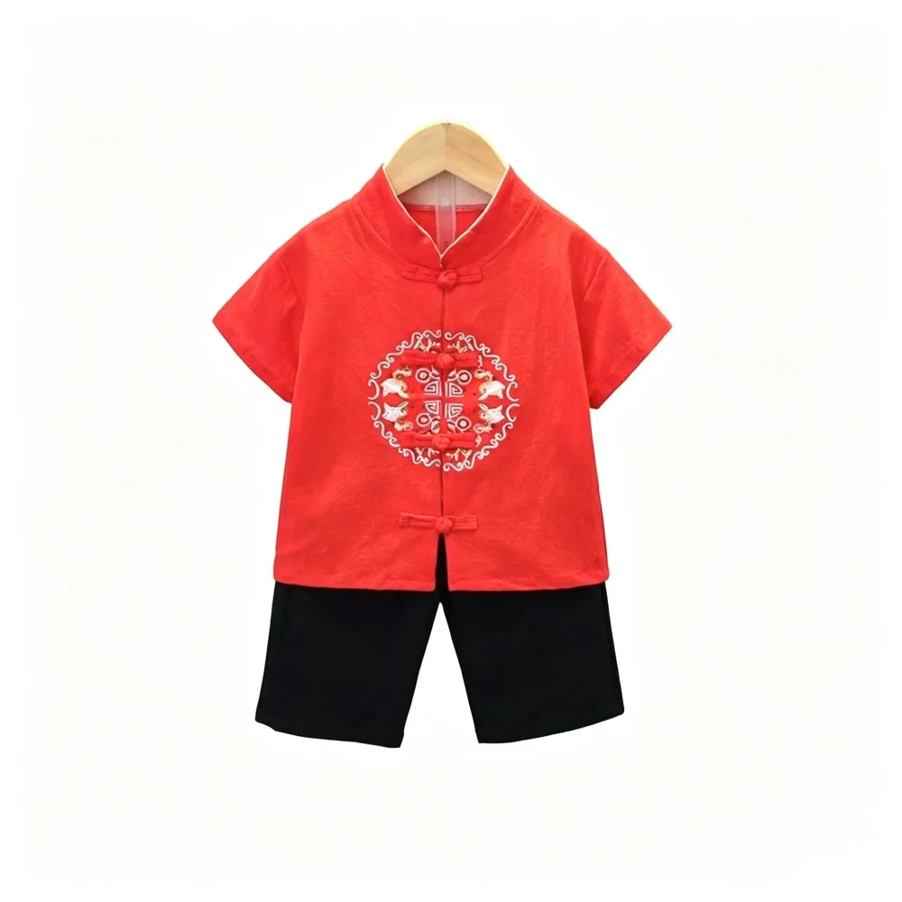 Toddler Boys Chinese Hanfu Set Short Sleeve Tang Suit Kids Traditional National Costume New Year Birthday Outfit