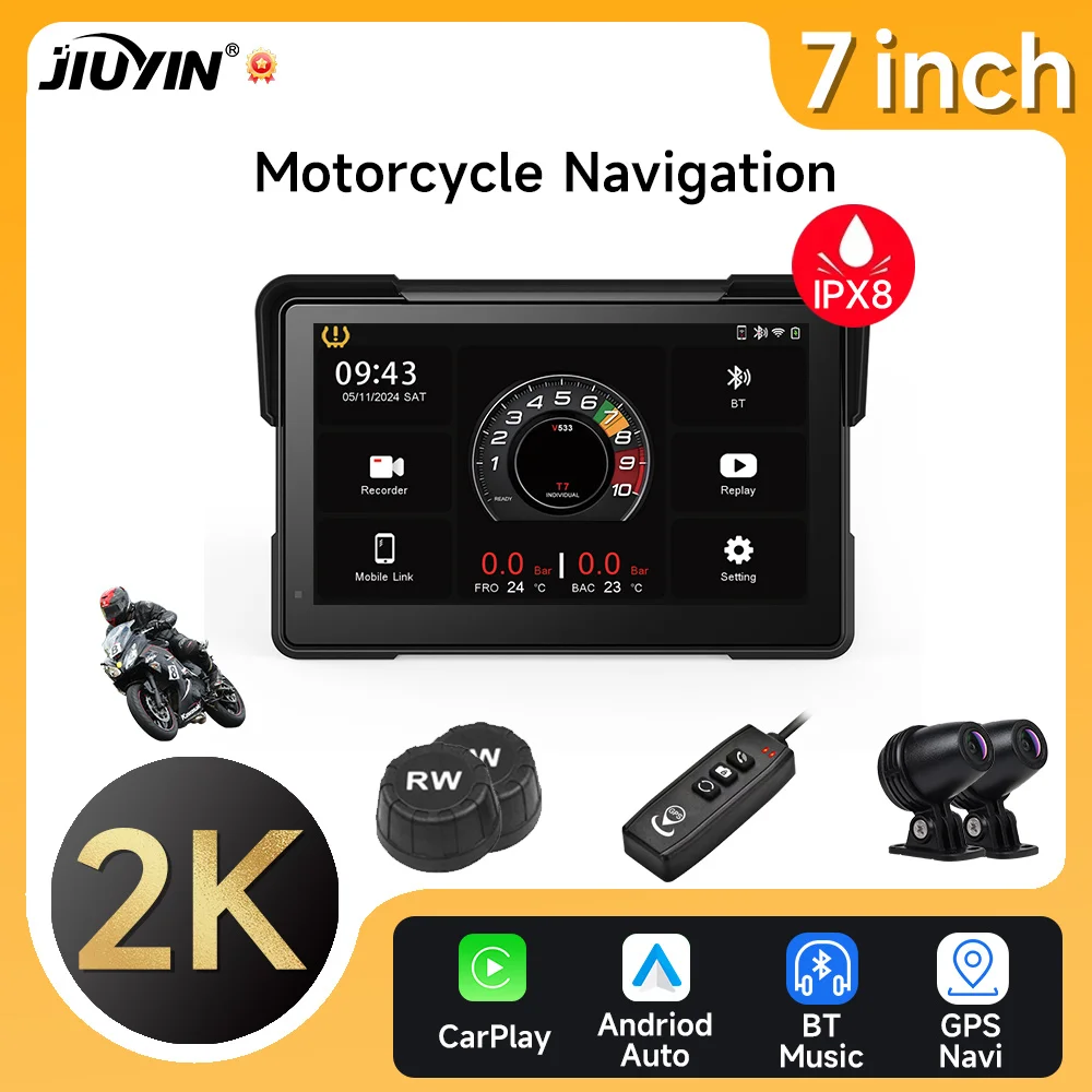 7 ''รถจักรยานยนต์ DVR GPS Navigator Dash Cam Wireless Carplay Android Auto IPX8 กันน้ํา Moto ด้านหน้าด้านหลังกล้องบลูทูธนิ้ว