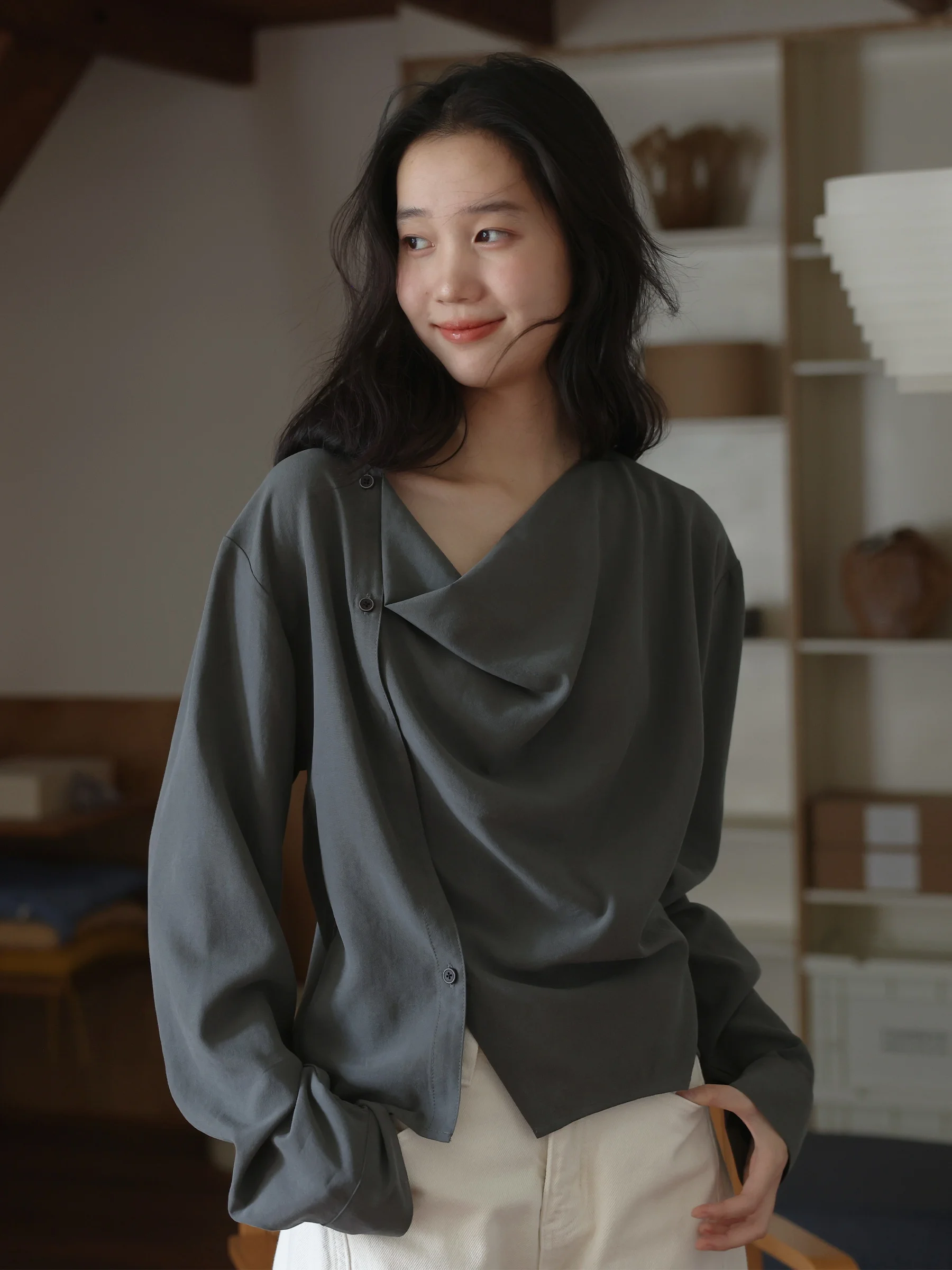 

Ele Asymmetric V-Ne irt Loose Design High Quali Women's Busin Casual irt Breathable Lenzing Fiber Long Sve