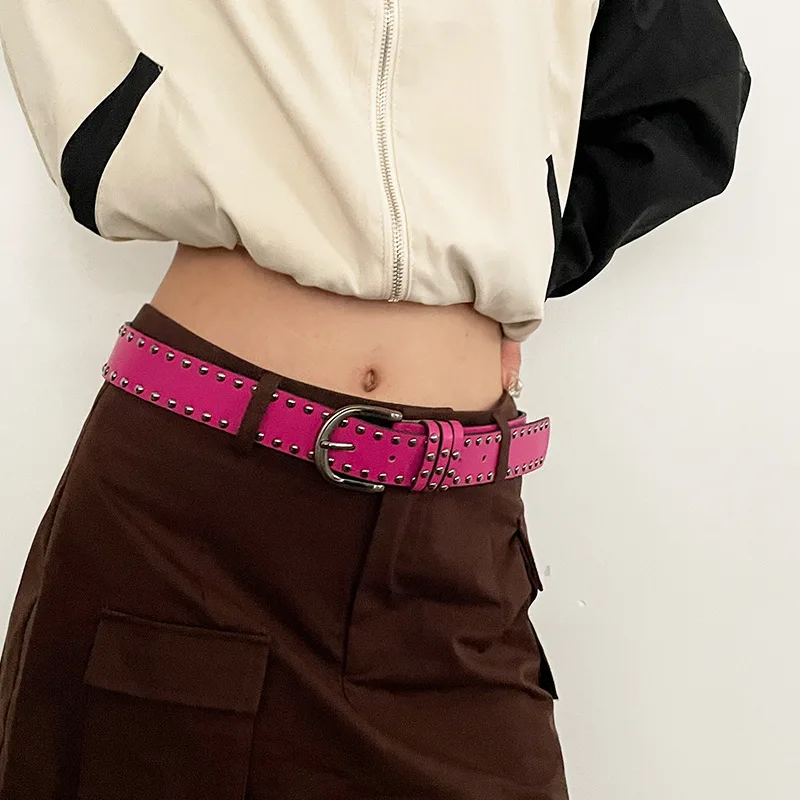 Vintage Women Rivet Belt Y2k Women Retro Hip Hop Punk Belts Luxury Belt Double Row Hole Strap Casual Jeans Female Waist Belt Men