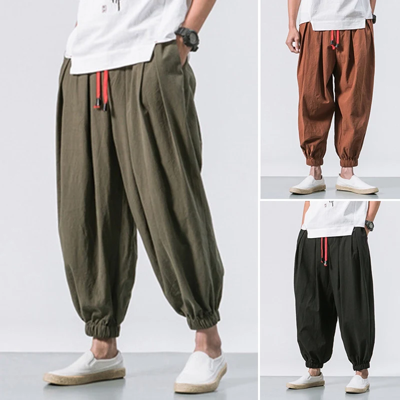 Pantalones Harem de lino y algodón para hombre, ropa de calle con cintura elástica lisa, Joggers, novedad de 2023, pantalones holgados con entrepierna caída, pantalones informales para hombre