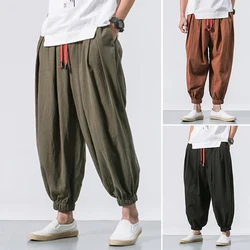 Cotton Linen Harem Pants Men Solid Elastic Waist Streetwear Joggers 2023 New Baggy Drop-crotch Pants Casual Trousers Men