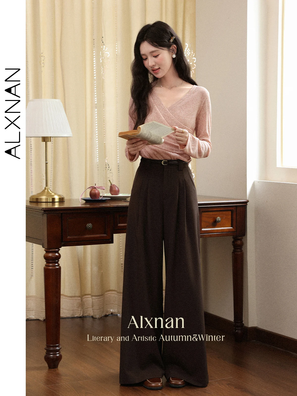 ALXNAN Women's Pants Brown Casual Wide-leg Baggy Pants 2025 Autumn Loose-fit Straight Office Lady Pleated Trousers Female L56713