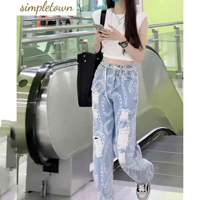 

Jeans for Women Spring/Summer 2023 Korean Version New High Waist Wide Leg Loose Perforated Pants for Women Summer