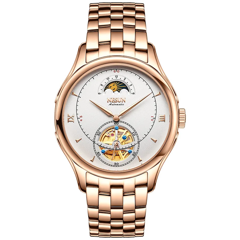 NESUN Men's Automatic Mechanical Watch Switzerland Luxury Brand Dual Skeleton Moon Phase Waterproof Full Steel Clock N9037-S