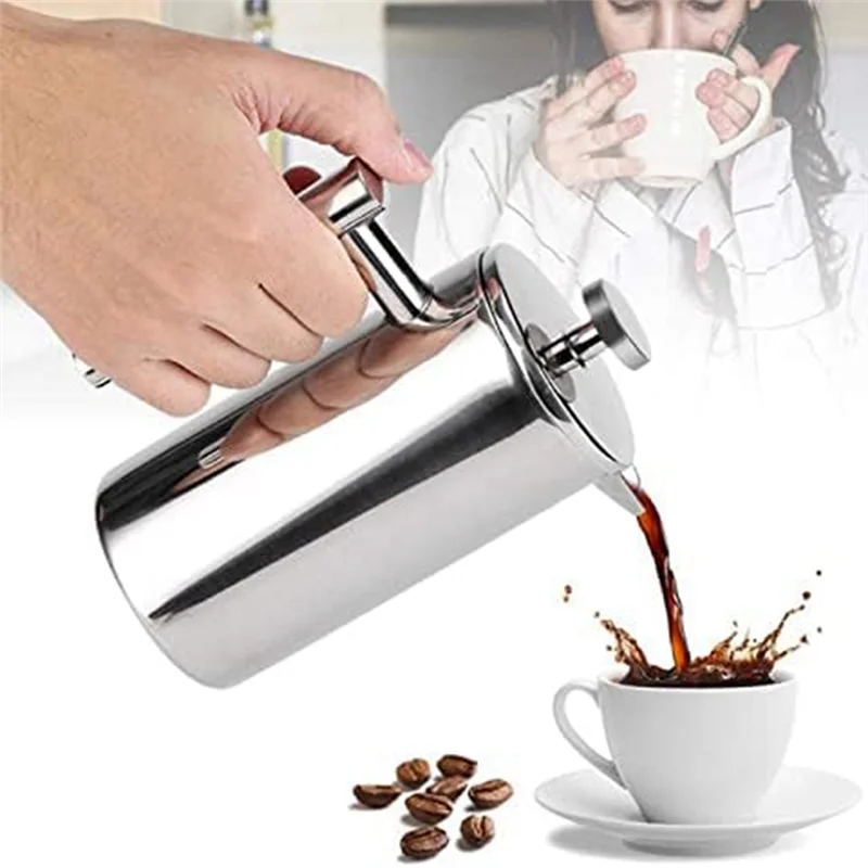 Double Wall Heat Resistant Coffee Pot Insulated Coffee Presser Stainless Steel 1Set