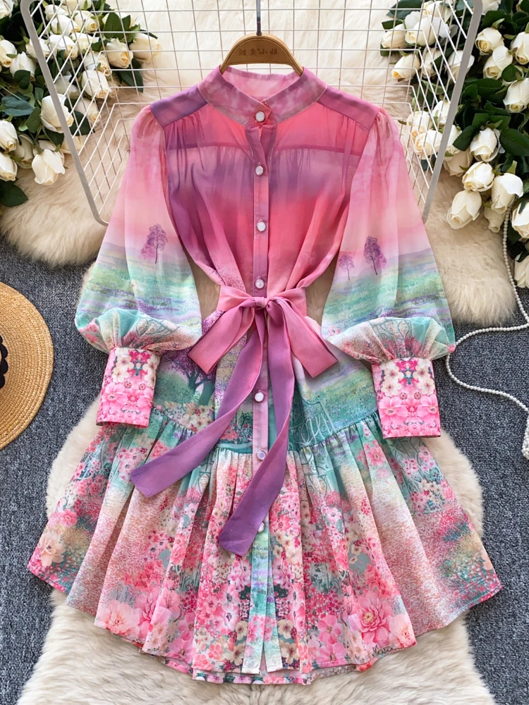 

France Elegant Vintage Palace Evening Dress Women Print Sashes Ruffle Flounce Short Party Dress Female Casual Festival Clothing