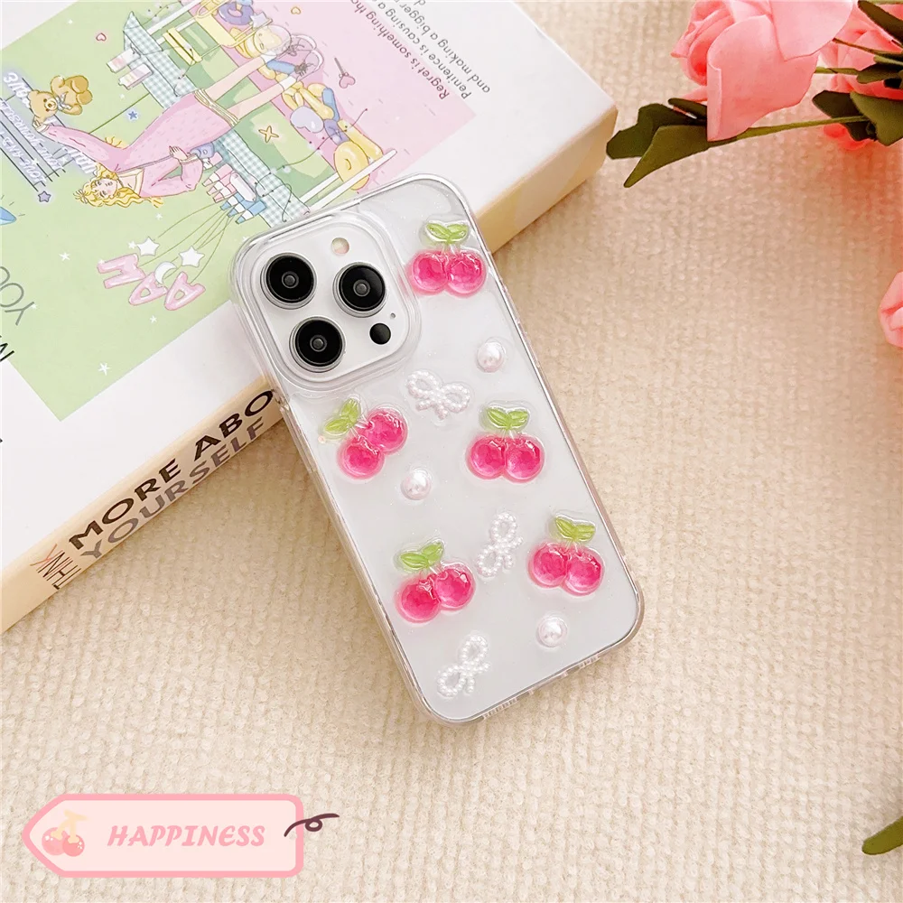 Glitter 3D Fruit Cherry Clear Epoxy Phone Case For iPhone 14 11 12 13 Pro Max Mini 7 8 Plus X XR XS Max SE 2020 case Cute Cover