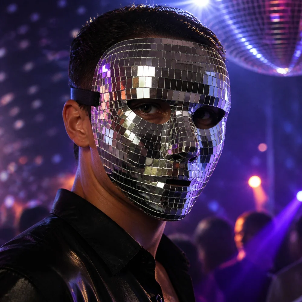 Mens Silver Mirror Full Face Disco Mask Reflective Masquerade Halloween Costume Festival Stage Performance Dance Party Accessory