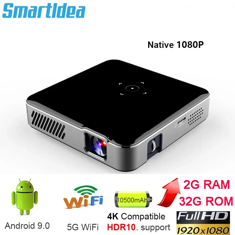 Smartldea Native full hd 1920 x 1080p Smart projector Android 9.0 5G Wifi BT4.1 Build-in 10500mAh battery home video Beamer