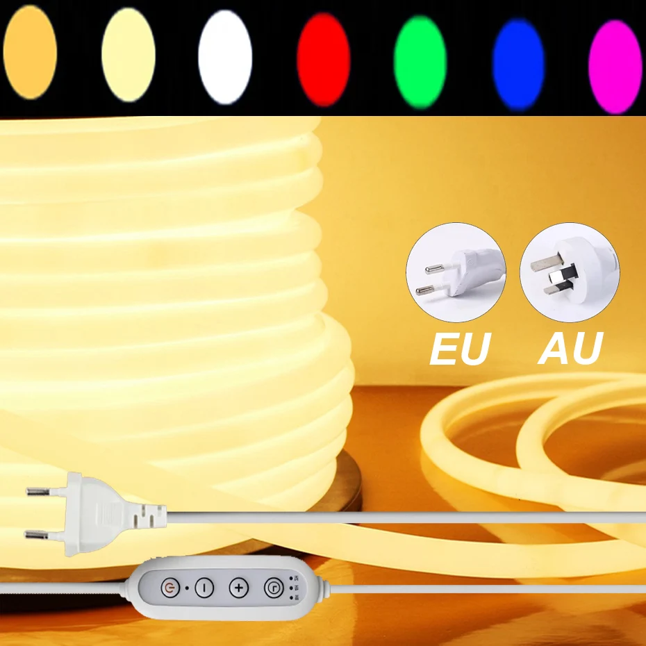 20M 10M 5M LED Neon Strip 220V 120leds/m Flexible Tape 360 Degree Round Light Waterproof with EU AU Timing Dimming Switch Plug