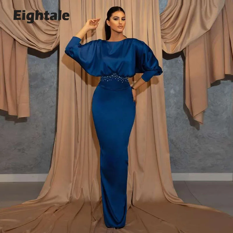 Eightale Arabische Abendkleider für Mutter, lange Ärmel, Satin, formelles Abendkleid, maßgeschneidertes blaues muslimisches Dubai-Partykleid