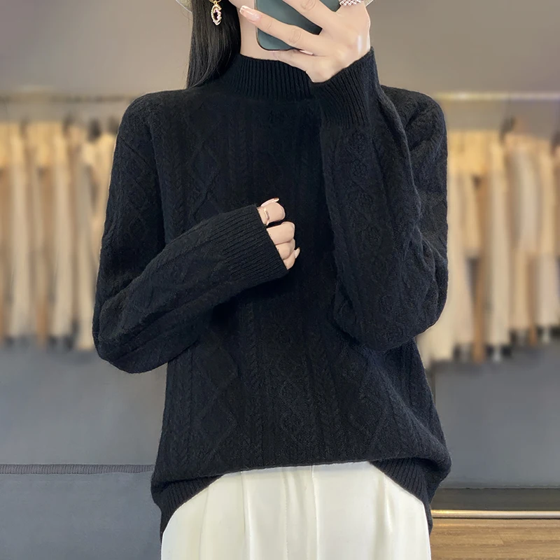 Half Turtleneck Autumn and Winter Thickened Sweater Diamond-Shaped Twisted Mid-Collar Sweater Bottoming Shirt Sweater for Women