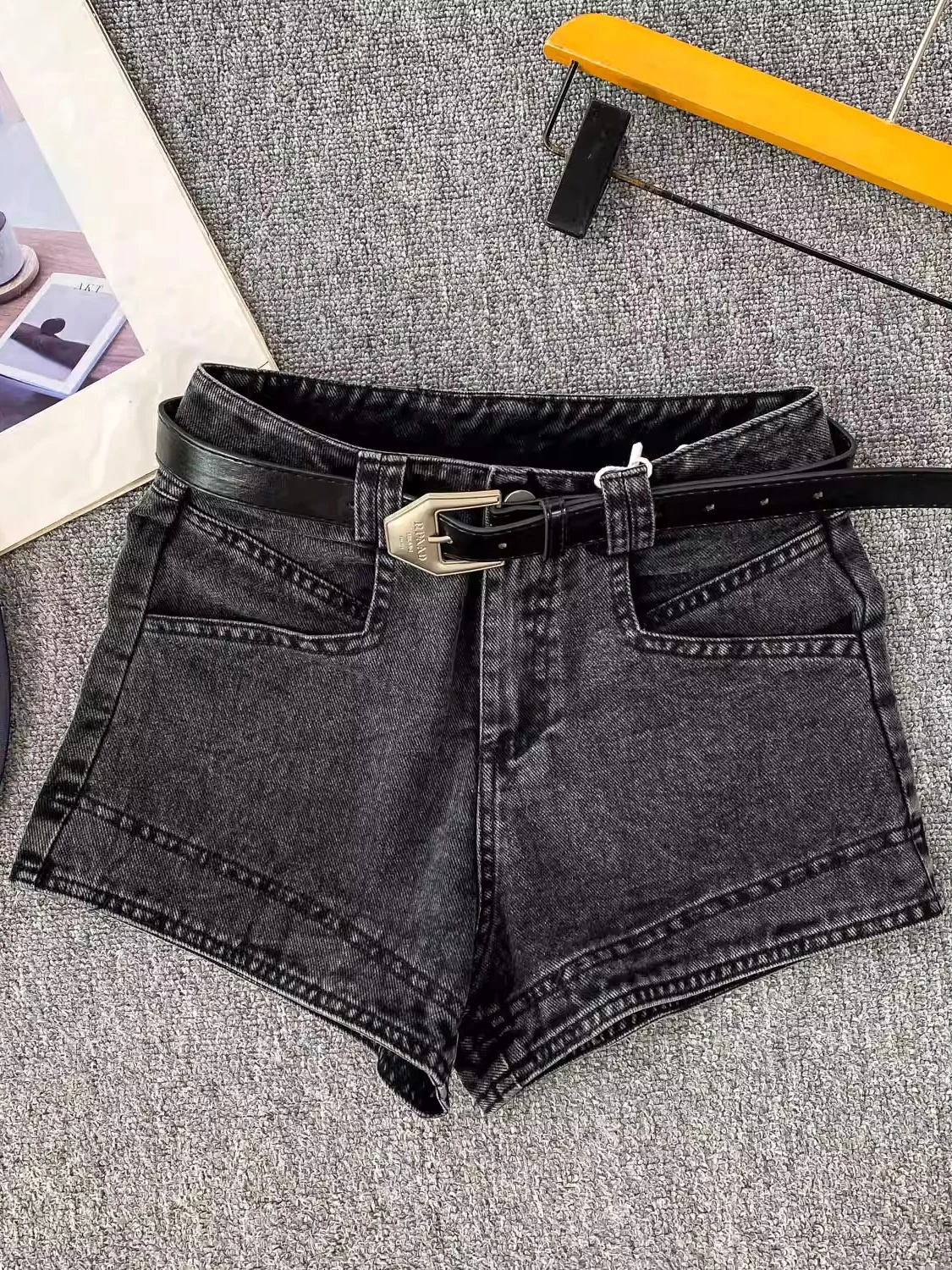 

American Sle Sexy Bla Jeans Women's Summer New Retro Belt Slimming Wide Leg Super ort Hot Pants High Waist Casual Zipper