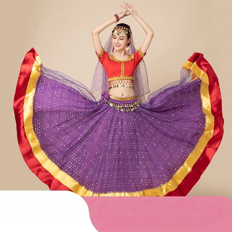 Strój do tańca indyjskiego Bollywood, taniec brzucha, duża spódnica z szerokimi falbanami, strój do tańca grupowego, dla dorosłych kobiet, odzież do tańca orientalnego.