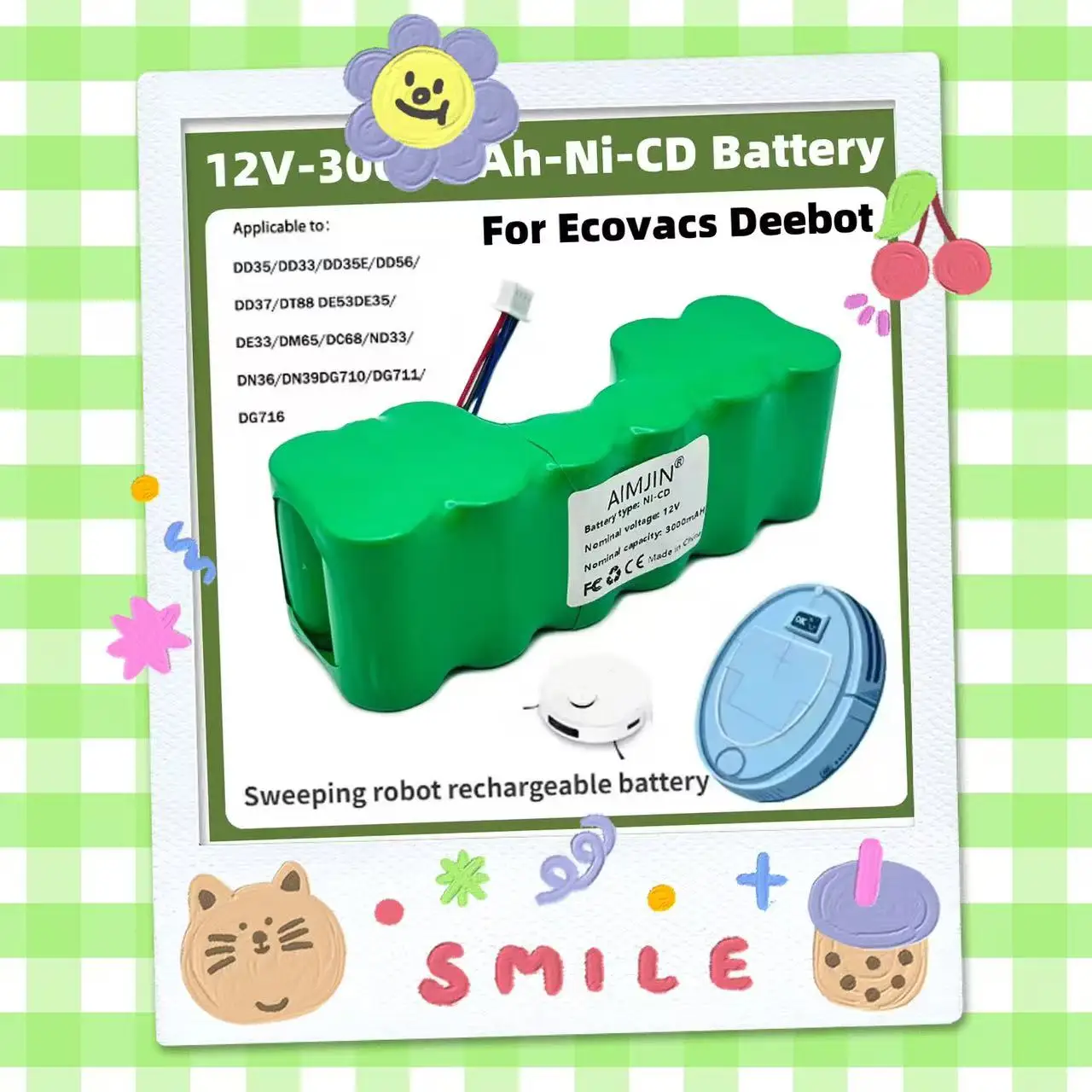 

Replacement 12V 3000mAh Ni-CD Battery for Ecovacs 10001568 10002167 DD3G DD4G DE5G DD35 DG710 DM88 ZJ1517-HFR Robotic Vacuum Cle