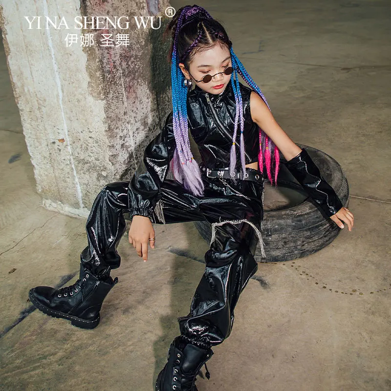 أزياء رقص الجاز للفتيات أزياء الهيب هوب ملابس جلدية سوداء مجموعة ملابس K-pop المرحلة نموذج المرحلة المدرج البدلة
