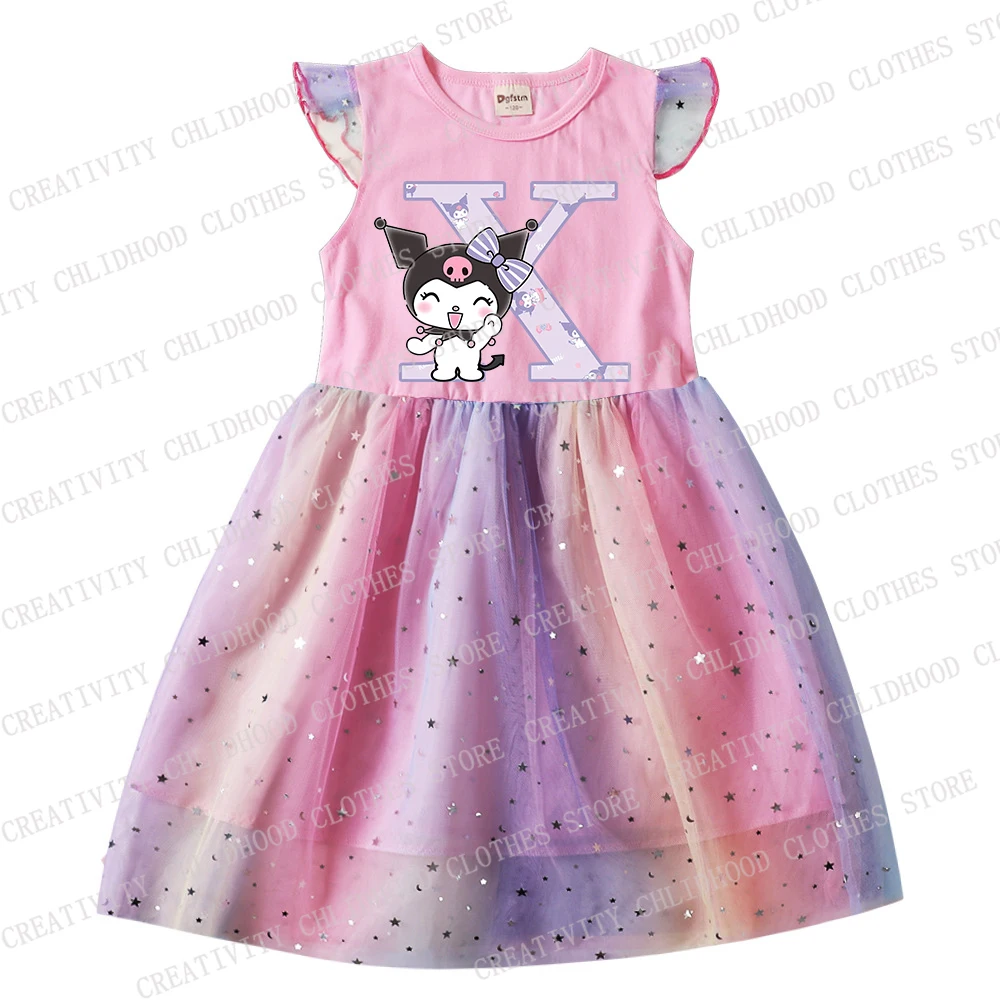 Neue Kuromis drucken Kinder Brief a b c d Kleider Mädchen Prinzessin Cartoons Mädchen Kleid Freizeit kleidung Gaze Kind Baby Mode Geschenke