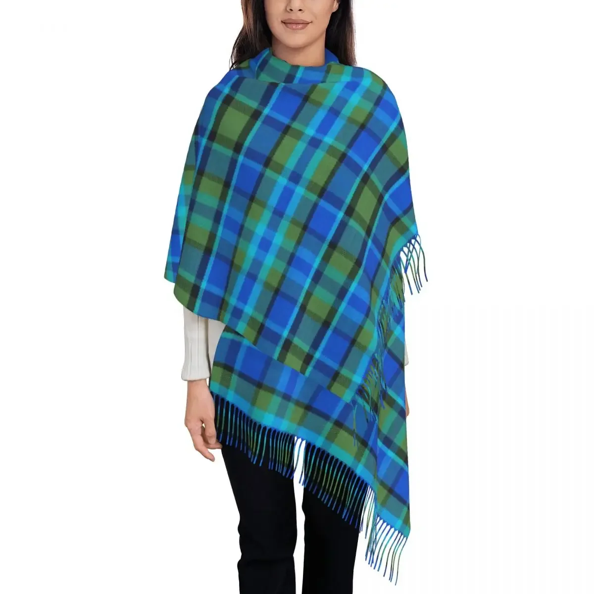 Westy Tartan Blue Plaid Tassel Scarf Women Soft Geometric Gingham Shawl Wrap Ladies Winter Fall Scarves