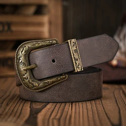 Men - Women - Western Denim - pu leather - Belt - Vintage jeans with floral carved buckle belt