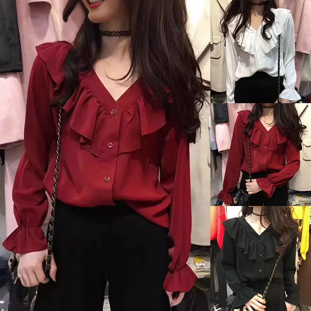

Women V Neck Shirt Solid Color Ladies Loose Ruffle Long Sleeves Tops Fashionable Street Style Casual
