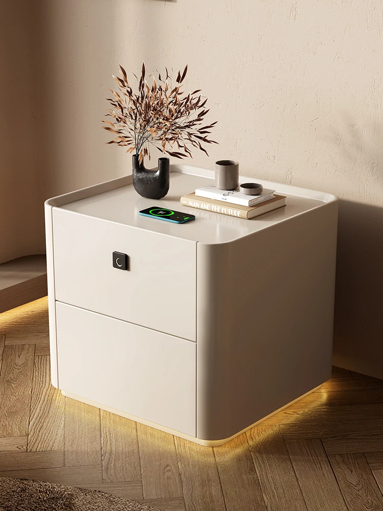 Intelligent bedside table simple modern cream wind bedroom solid wood side cabinet with lights