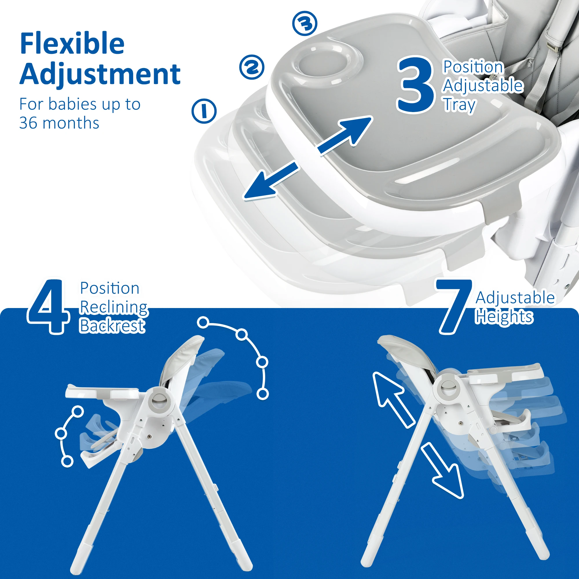 Baby High Chair, Multifunctional Infant High Chairs with Adjustable Height and Recline, Foldable High Chair for Babies