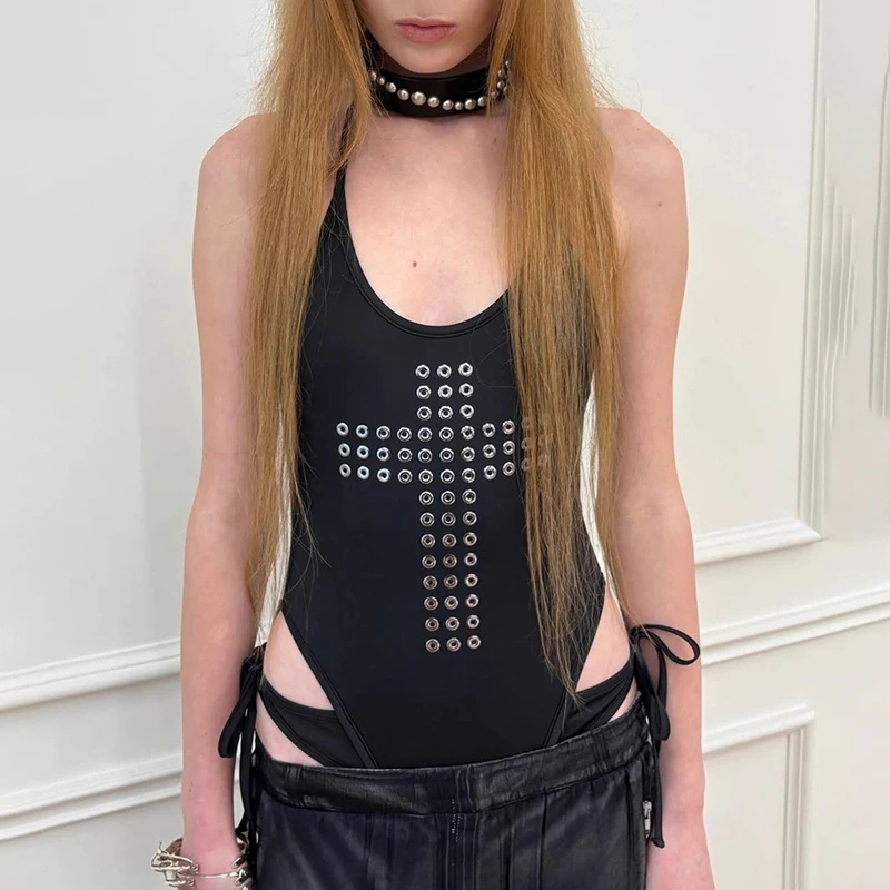 

Women's Sexy Cross-shaped Metal Ironed Copper Knitted Halter Jumpsuit Tight Top Bodysuit Short Bodycon ropa sexys para mujer