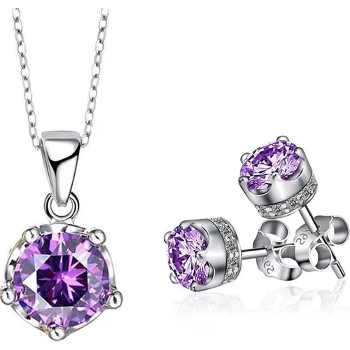 Fashion Jewelry Jewelry Sets Enes Store Silver Amethyst Cubic Zirconia Crown Pattern Necklace Earring Set