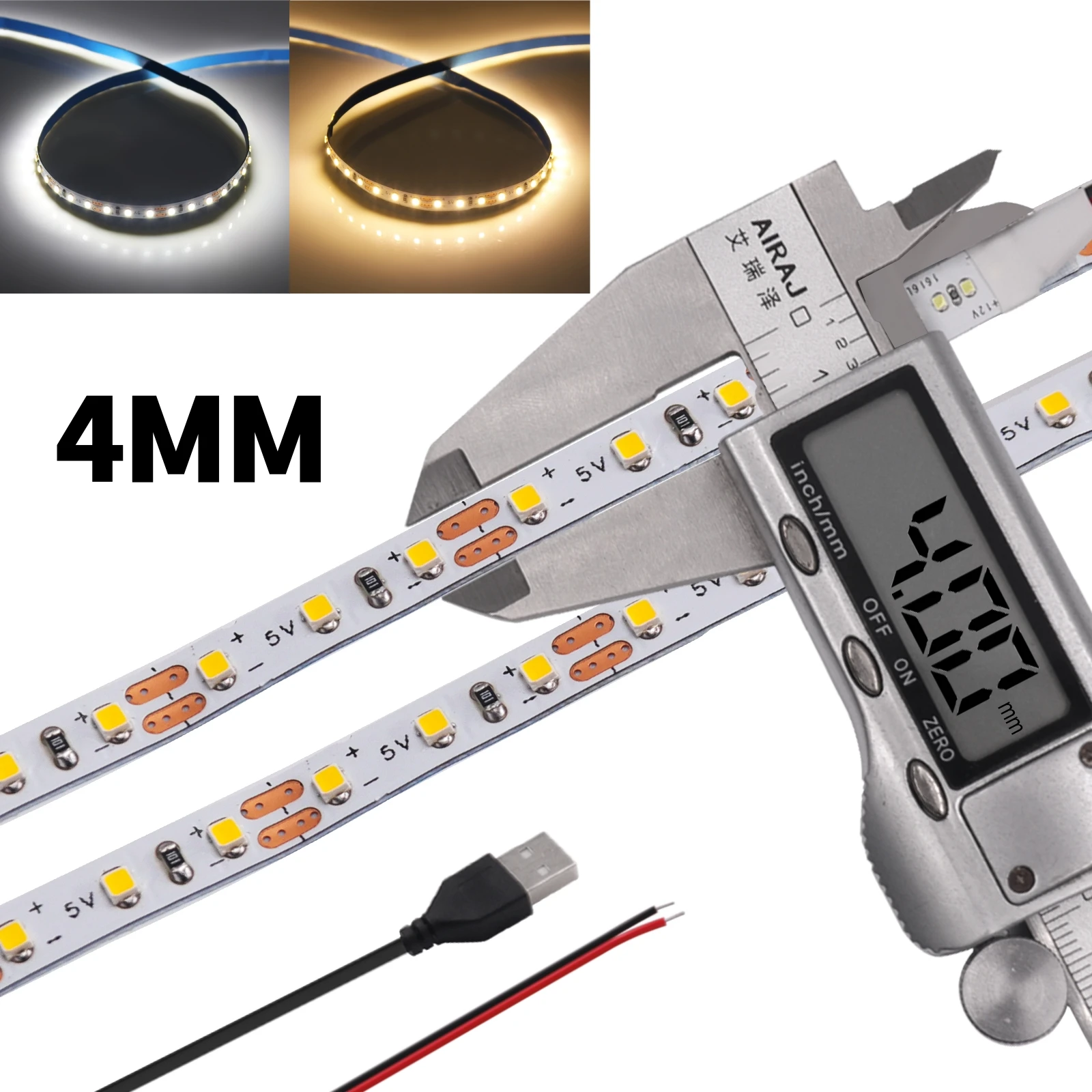 

4MM Narrow Width LED Strip Light 5V 180LEDs/M Flexible Tape Ribbon Backlight Lamp USB IP20 Rope Warm White 3000K-6500K