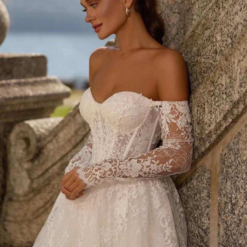 

Simple ivory white Wedding Dresses flower decal off-shoulder A skirt long sleeves Gowns Made wedding dress Bridal Gown