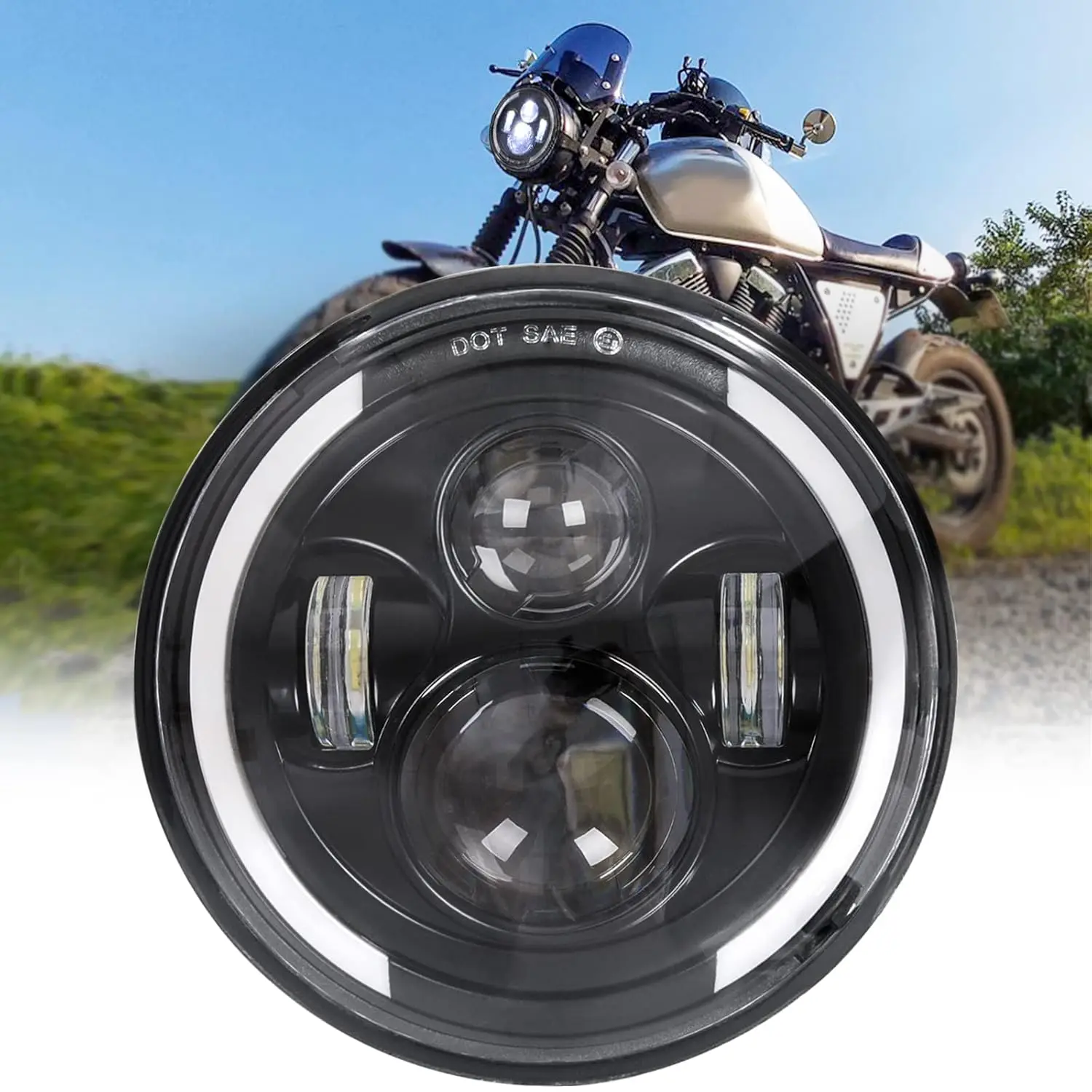 

7 inch LED Headlight for Motorcycle with Hi/Low Beam & Amber/White Turn Signal, 7" DOT Round Headlight Compatible with Harley-Da