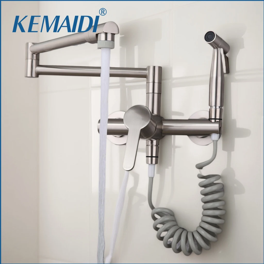 

KEMAIDI Pot Filler Faucet Wall Mount Folding Faucet 2 Handle with Double Joint Swing Arms Brass Commercial Kitchen Faucets