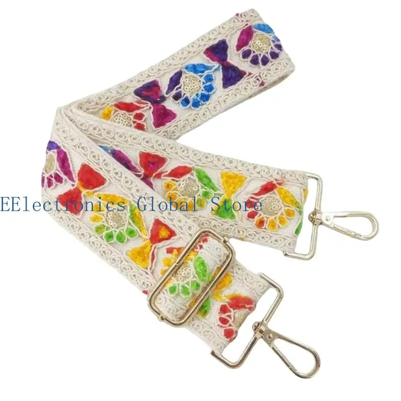 462B Decorative Crossbody Replacement Band with Embroidered Motifs, Wide Textile Profile and Adjustable Hardware for Bag