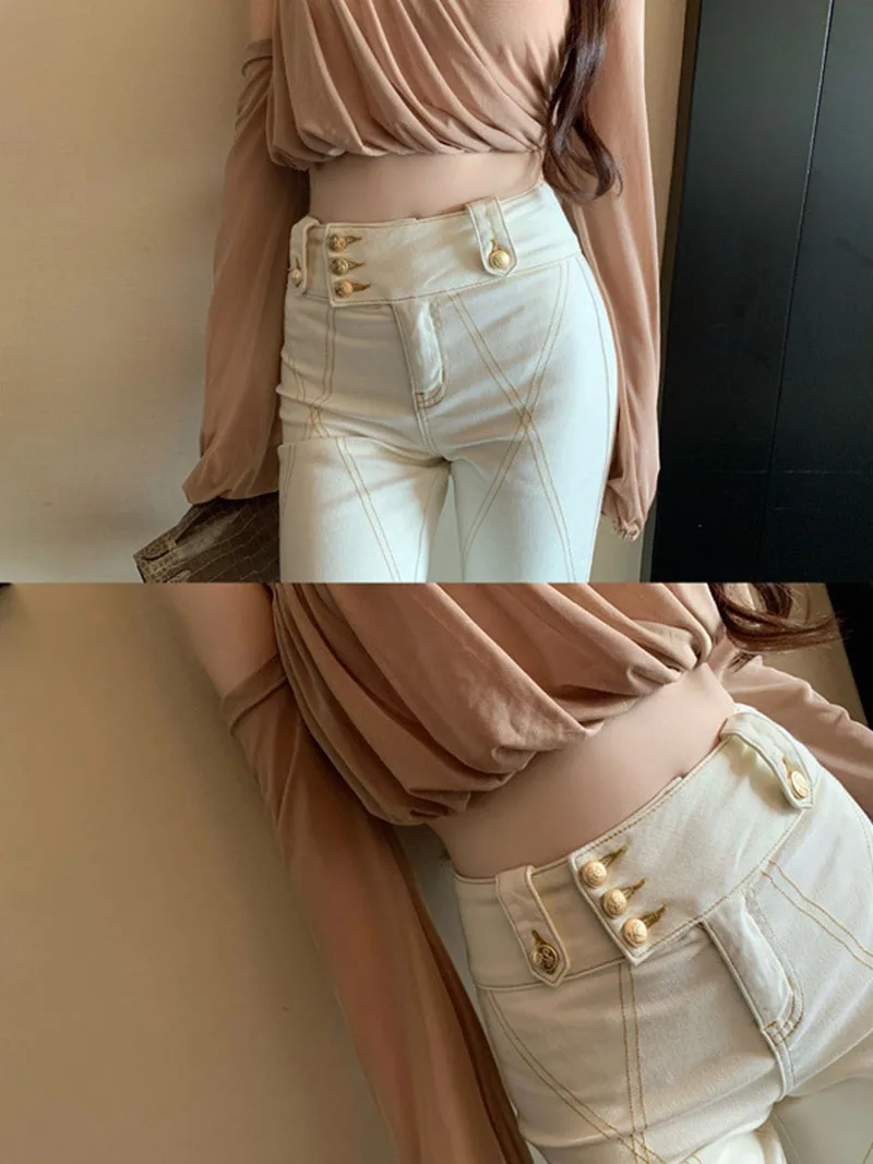 High Waist Flared Jeans Women's Double Buckle Elastic Floor-Length Pants Black Slim Fit Stretchy Trousers Self-Fabric Pad